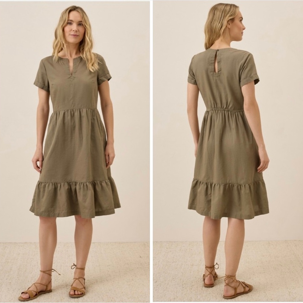 Pact Canopy Linen Blend Tiered Midi Dress Khaki Green Notch Neck XS NWOT - Picture 3 of 15